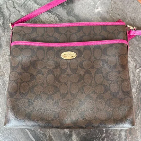 Coach Signature Crossbody File Bag Brown Black Cranberry Pink Leather Trim Gold